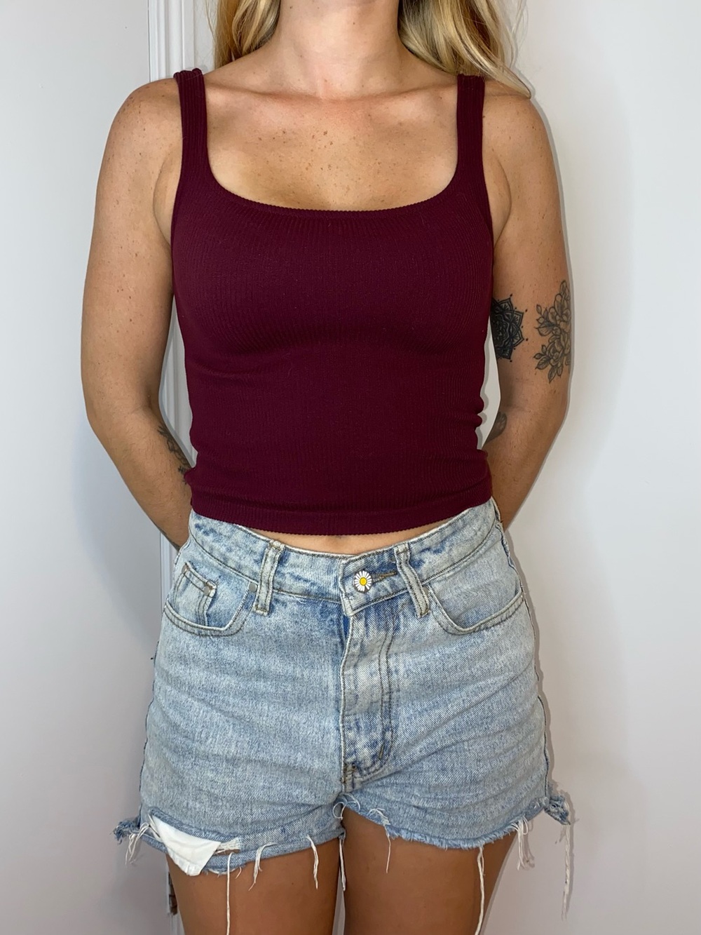 Wine/Burgundy Ribbed Square-Neck Stretch Tank Top